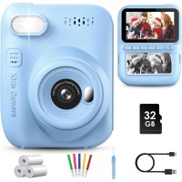 GREENKINDER Appareil Photo Instantané Enfant, 3.0" Grand Écran 14 MP Appareil Photo Enfant avec Carte de 32 Go & Papier d'impression, Appareil Photo Numérique Enfant Cadeau pour Enfants 3-12 Ans, Bleu