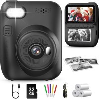 GREENKINDER Appareil Photo Instantané Enfant, 3.0" Grand Écran 14 MP Appareil Photo Enfant avec Carte de 32 Go & Papier d'impression, Appareil Photo Numérique Enfant Cadeau pour Enfants 3-12 Ans, Noir