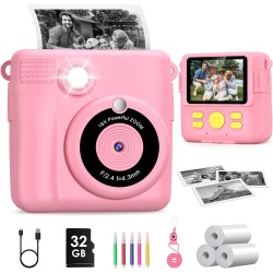 GREENKINDER Appareil Photo Enfant Instantanée, GREENKINDER 2,4 Pouces Écran 1080P Appareil Photo Numérique Enfant avec 32GB Carte & Papier d'impression, Stylos Colorés, Cadeau pour Filles Garçons de 3-12 Ans