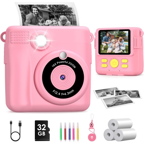 GREENKINDER Appareil Photo Enfant Instantanée, GREENKINDER 2,4 Pouces Écran 1080P Appareil Photo Numérique Enfant avec 32GB Carte & Papier d'impression, Stylos Colorés, Cadeau pour Filles Garçons de 3-12 Ans