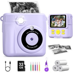 GREENKINDER Appareil Photo Enfant Instantanée, GREENKINDER 2,4 Pouces Écran 1080P Appareil Photo Numérique Enfant avec 32GB Carte & Papier d'impression, Stylos Colorés, Cadeau pour Filles Garçons de 3-12 Ans