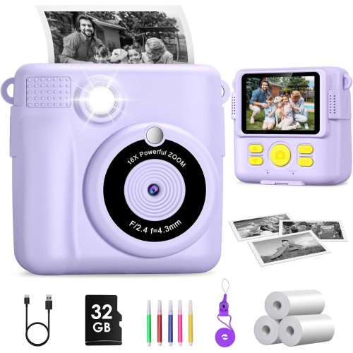 GREENKINDER Appareil Photo Enfant Instantanée, GREENKINDER 2,4 Pouces Écran 1080P Appareil Photo Numérique Enfant avec 32GB Carte & Papier d'impression, Stylos Colorés, Cadeau pour Filles Garçons de 3-12 Ans