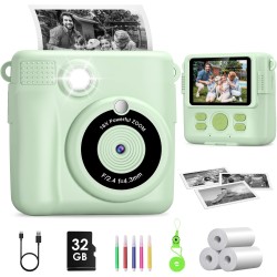 GREENKINDER Appareil Photo Enfant Instantanée, GREENKINDER 2,4 Pouces Écran 1080P Appareil Photo Numérique Enfant avec 32GB Carte & Papier d'impression, Stylos Colorés, Cadeau pour Filles Garçons de 3-12 Ans