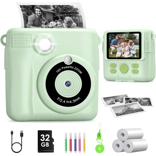 GREENKINDER Appareil Photo Enfant Instantanée, GREENKINDER 2,4 Pouces Écran 1080P Appareil Photo Numérique Enfant avec 32GB Carte & Papier d'impression, Stylos Colorés, Cadeau pour Filles Garçons de 3-12 Ans