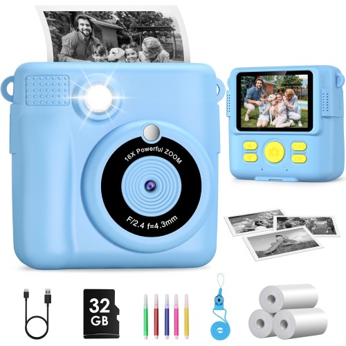 Appareil Photo Enfant Instantanée, GREENKINDER 2,4 Pouces Écran 1080P Appareil Photo Numérique Enfant avec 32GB Carte & Papier d'impression, Stylos Colorés, Cadeau pour Filles Garçons de 3-12 Ans