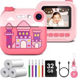 GREENKINDER Appareil Photo Instantané Enfant, 2.4 Pouces Appareil Photo Enfant, 1080P HD Appareil Photo Numérique, 32GB Carte, Papier d'impression, Stylos DIY, Jouets Cadeaux pour 3-12 Ans, Rosa