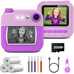 GREENKINDER Appareil Photo Instantané Enfant, GREENKINDER 1080P 2.4" Appareil Photo Enfant avec Carte 32GB, Appareils Photos Numériques pour Enfants avec Papier D'impression et DIY Stylos, Cadeau Enfants 3-12 Ans