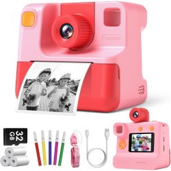GREENKINDER Appareil Photo Instantané Enfant, 2.0" Appareil Photo Enfant, Objectif à 180° Flip Appareil Photo pour Selfies avec Carte 32GB & Papier d'impression, Cadeau Jouet pour Enfants de 3-12 Ans
