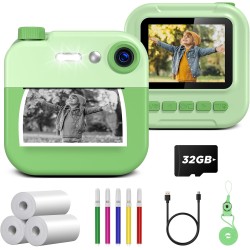 Appareil Photo Instantané Enfant, GREENKINDER 1080P 2.4" Appareil Photo Enfant avec Carte 32GB, Appareils Photos Numériques pour Enfants avec Papier D'impression et DIY Stylos, Cadeau Enfants 3-12 Ans