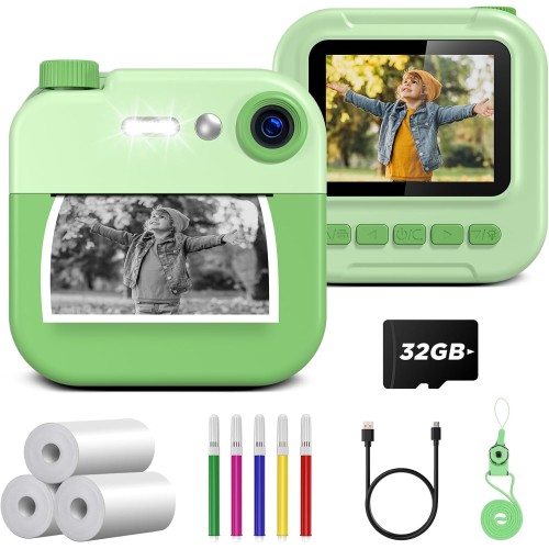 Appareil Photo Instantané Enfant, GREENKINDER 1080P 2.4" Appareil Photo Enfant avec Carte 32GB, Appareils Photos Numériques pour Enfants avec Papier D'impression et DIY Stylos, Cadeau Enfants 3-12 Ans