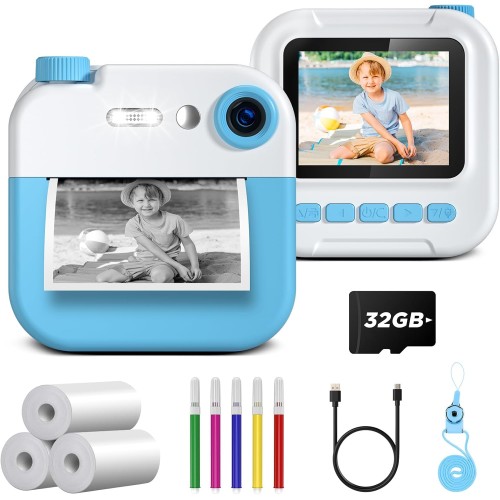 GREENKINDER 1080P 2.4" Appareil Photo Instantané Enfant avec Carte 32GB, Appareils Photos Numériques avec Papier D'impression et DIY Stylos, Cadeau Enfants 3-12 Ans