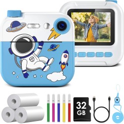 GREENKINDER Appareil Photo Instantané Enfant, 2.4 Pouces Appareil Photo Enfant, 1080P HD Appareil Photo Numérique, 32GB Carte, Papier d'impression, Stylos DIY, Jouets Cadeaux pour 3-12 Ans, Bleu
