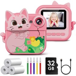 GREENKINDER Appareil Photo Instantané Enfant, 1080P 2.4" Appareil Photo Enfant avec Carte 32GB, Appareils Photos Numériques pour Enfants avec Papier D'impression et DIY Stylos, Cadeau Enfants 3-12 Ans