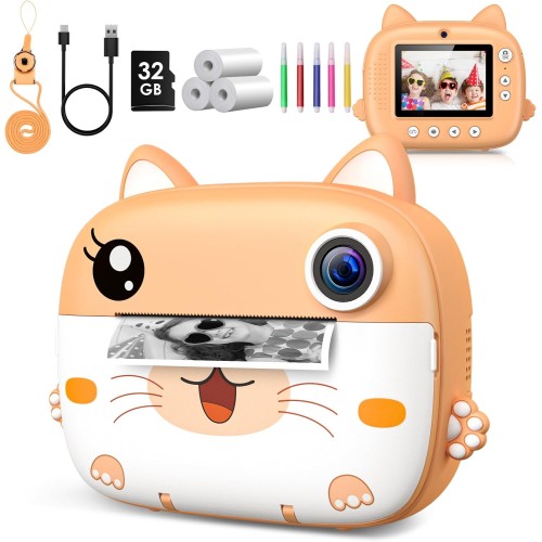 GREENKINDER Appareil Photo Instantané Enfant, GREENKINDER 2,4" Écran 1080P HD Appareil Photo Numérique Enfant avec Papier d'impression & Carte 32GB, Stylo 5 Couleurs, Cadeau pour Filles Garçons 3-12 Ans