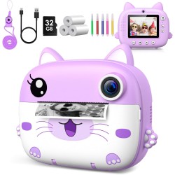 GREENKINDER Appareil Photo Instantané Enfant, GREENKINDER 2,4" Écran 1080P HD Appareil Photo Numérique Enfant avec Papier d'impression & Carte 32GB, Stylo 5 Couleurs, Cadeau pour Filles Garçons 3-12 Ans
